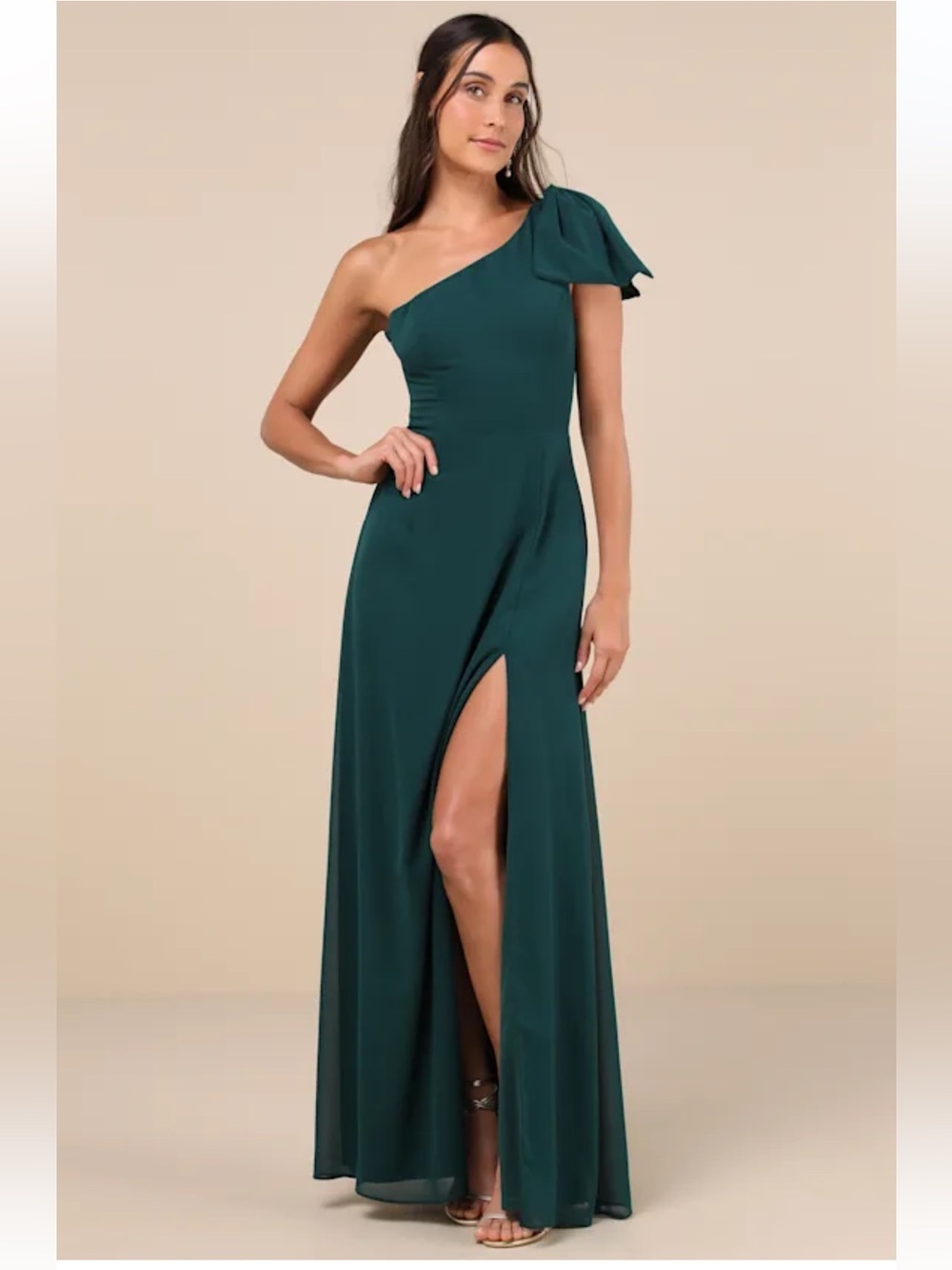 Lulu's Simply Brilliant Emerald One-Shoulder Bow Maxi Dress